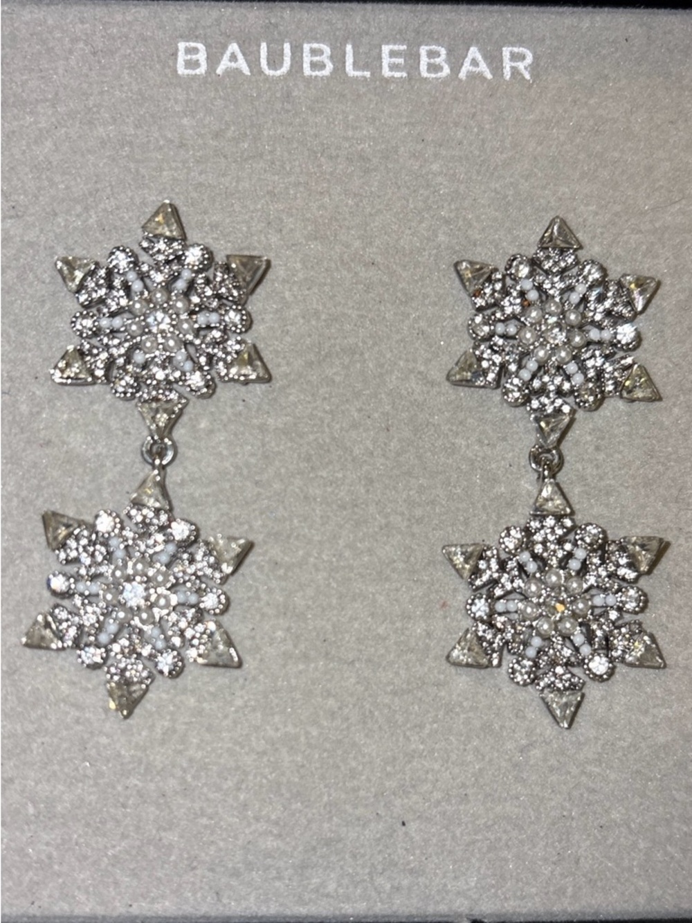 BaubleBar Silver Crystal Snowflake Double-Drop Earrings NIB